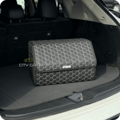 Premium Car Trunk Organizer - Eco-leather, Black Honeycomb, Grey Thread