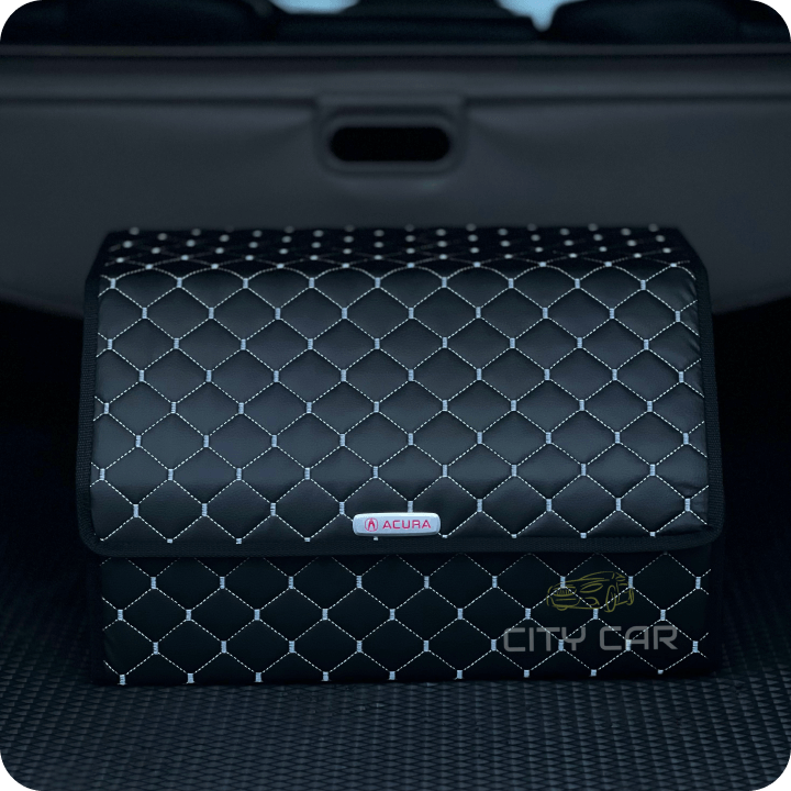 Premium Car Trunk Organizer - Eco-leather, Black Rhombus, Grey Thread