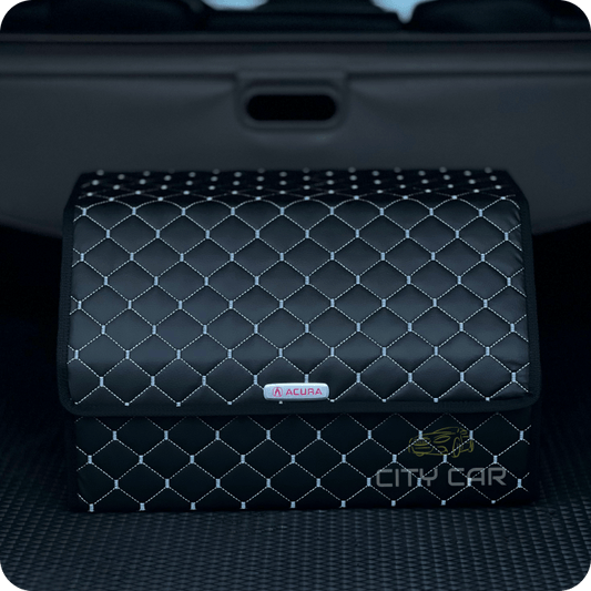 Premium Car Trunk Organizer - Eco-leather, Black Rhombus, Grey Thread