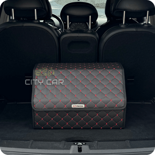 Premium Car Trunk Organizer - Eco-leather, Black Rhombus, Red Thread