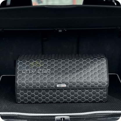 Premium Car Trunk Organizer - Eco-leather, Black Honeycomb, Grey Thread