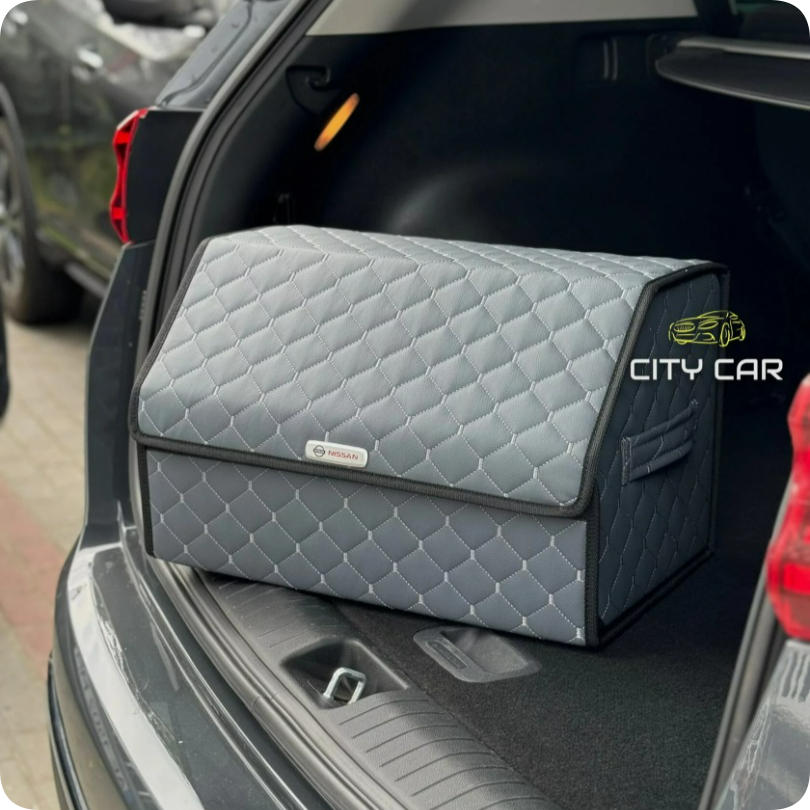 Premium Car Trunk Organizer - Eco-leather, Grey Rhombus, Grey thread