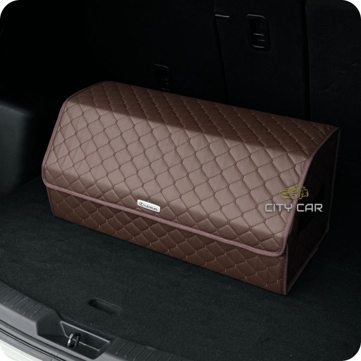 Premium Car Trunk Organizer - Eco-leather, Brown Rhombus, Brown thread