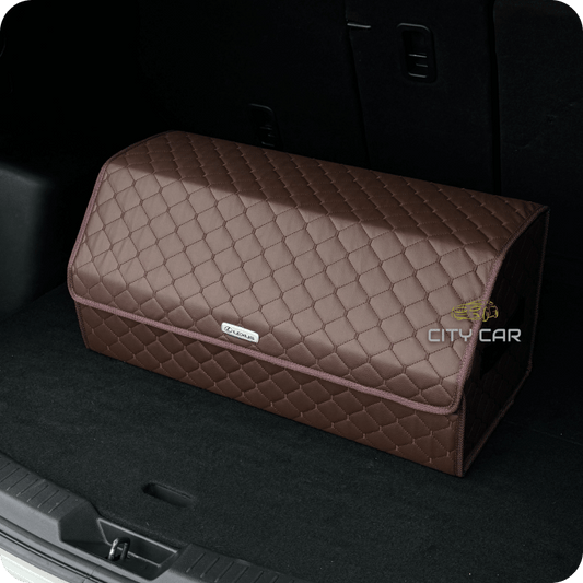 Premium Car Trunk Organizer - Eco-leather, Brown Rhombus, Brown thread