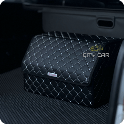 Premium Car Trunk Organizer - Eco-leather, Black Rhombus, Grey Thread