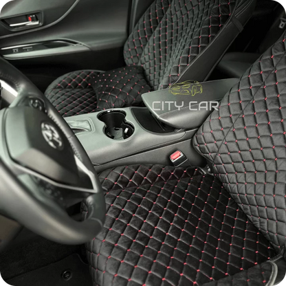 Car seat covers Alcantara "Black rhombus with red thread"