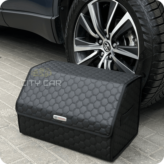 Premium Car Trunk Organizer - Eco-leather, Black Honeycomb, Black Thread