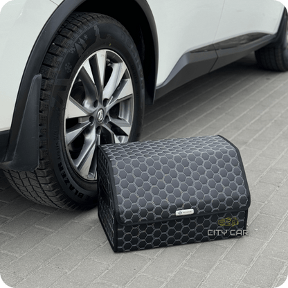 Premium Car Trunk Organizer - Eco-leather, Black Honeycomb, Grey Thread