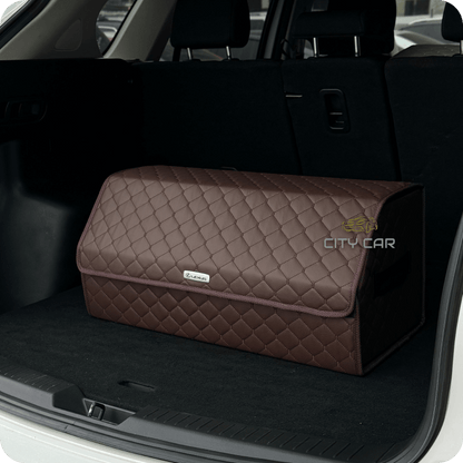 Premium Car Trunk Organizer - Eco-leather, Brown Rhombus, Brown thread