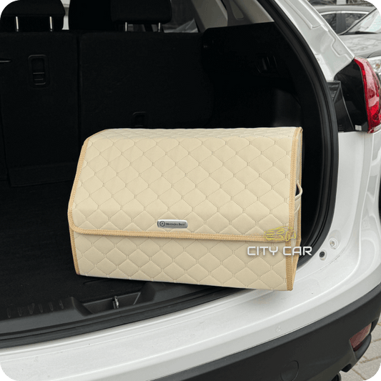 Premium Car Trunk Organizer - Eco-leather, Beige Rhombus, Beige thread