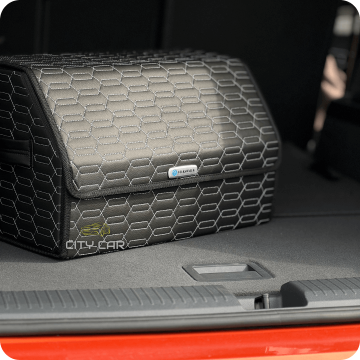 Premium Car Trunk Organizer - Eco-leather, Black Сhains, Grey Thread