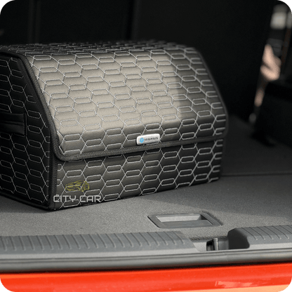 Premium Car Trunk Organizer - Eco-leather, Black Сhains, Grey Thread