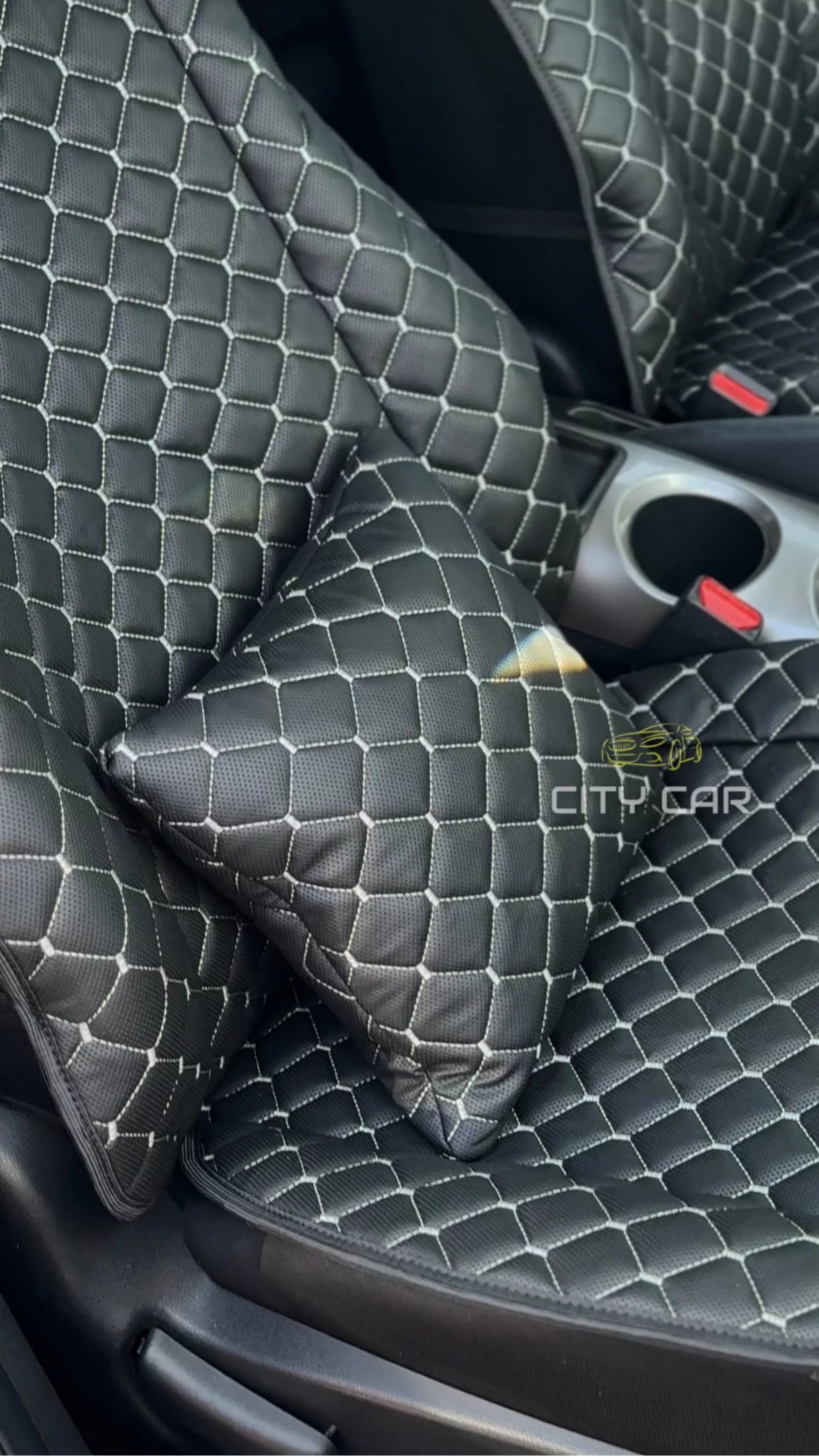 Car seat covers Eco-leather "Black rhombus with gray thread"