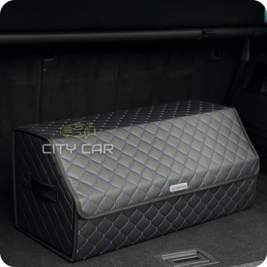 Premium Car Trunk Organizer - Eco-leather, Black Rhombus, Blue Thread